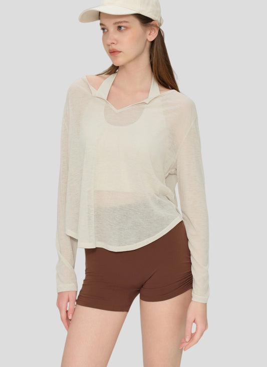 Slub Yarn Sheer V-Neck Loose Yoga Long Sleeve Top TCX53007