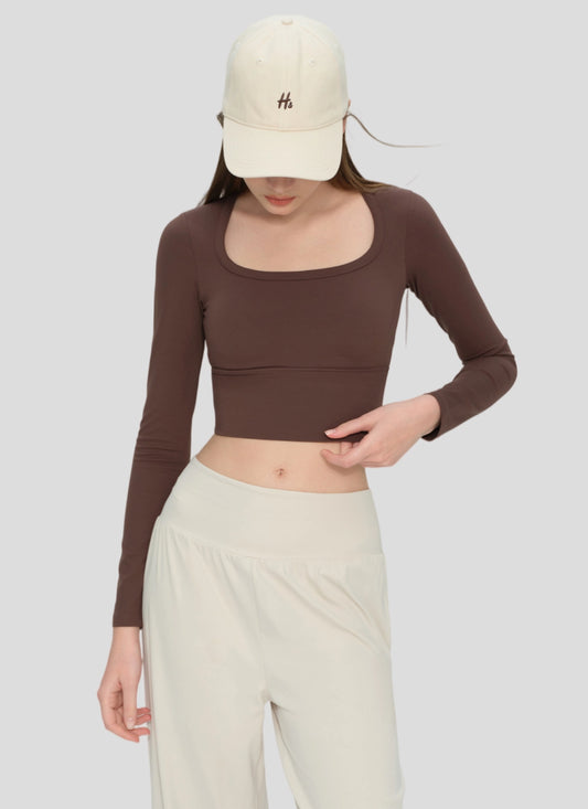 NULS Square Neck Long Sleeve Yoga Crop Top with Fixed Cups TCXB53011