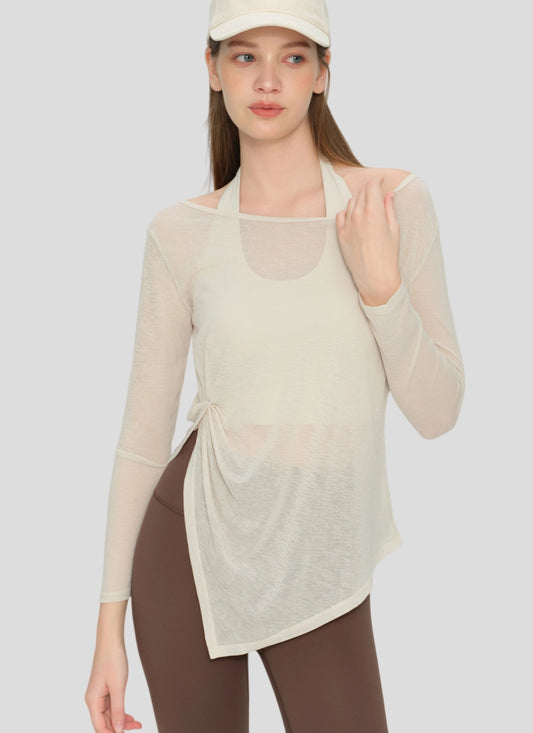Slub Yarn Sheer Asymmetrical Yoga Long Sleeve Top TCX53008