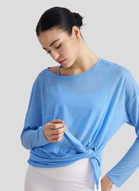 Slub Yarn Sheer Loose Yoga Long Sleeve Top with Side Slit TCX42003